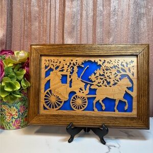 3D Wooden Horse Carriage Silhouette Art with Blue Background